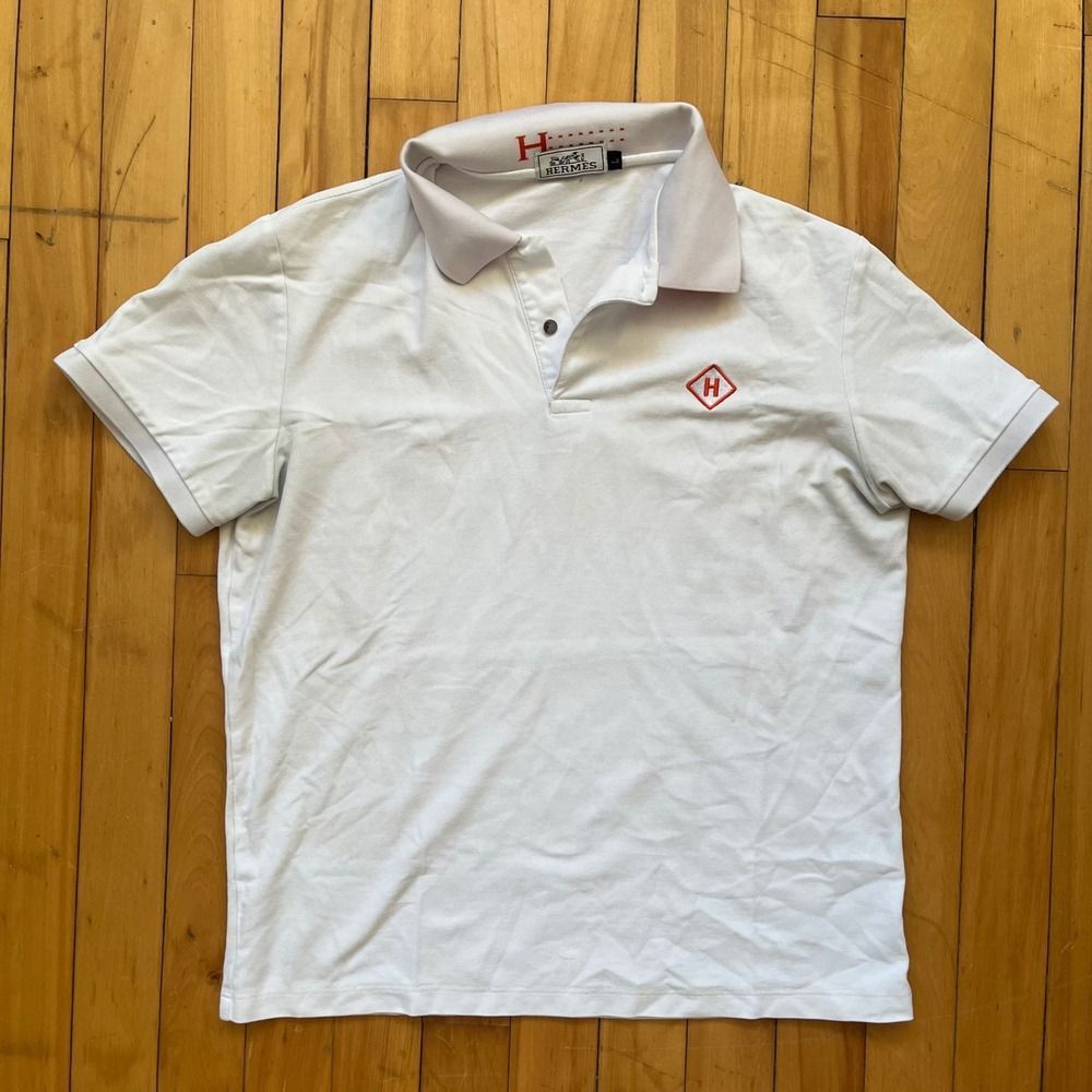 HERMES White Polo Shirt Mens Size L Short Sleeve Embroidered H Logo Collar